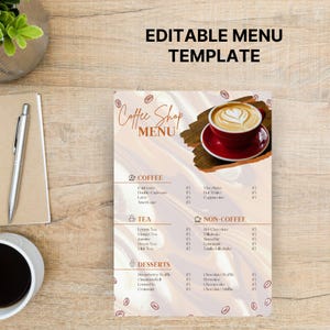 Modelo de menu de cafeteria | Menu elegante do Canva para cafés | Design de menu personalizável para impressão | Menu de café e sobremesa