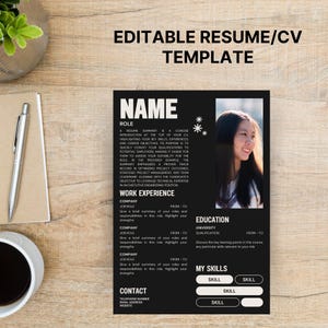 May include: Black and white resume template with a photo of a woman. The template includes sections for name, role, work experience, education, skills, and contact information. The text "EDITABLE RESUME/CV TEMPLATE" is at the top.
