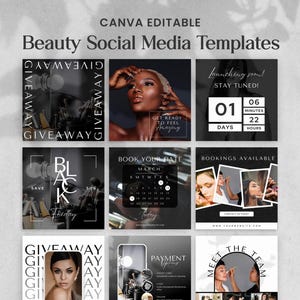 Könnte beinhalten: Neun Instagram-Post-Vorlagen für ein Beauty-Unternehmen. Die Vorlagen zeichnen sich durch Schwarz-Weiß-Farbschemata mit Textüberlagerungen aus. Einige Vorlagen zeigen einen Countdown-Timer, einen Kalender und ein Foto einer Person, die sich schminken lässt.