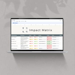 以下が含まれることがあります： 「インパクトマトリックス」というタイトルのスプレッドシートが表示されたコンピューター画面のスクリーンショットです。スプレッドシートには、プロジェクト/意思決定、説明、影響、努力、カテゴリ、優先度、ステータス、メモの各列があります。スプレッドシートは、さまざまなプロジェクトとそのビジネスへの影響に関するデータで満たされています。