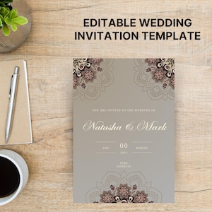 Elegante invitación de boda con diseño de mandala / Plantilla personalizable de Canva / Tarjeta de evento imprimible / Diseño de invitación formal atemporal