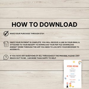 Puede incluir: Una gu&iacute;a sobre c&oacute;mo descargar un producto digital de Etsy. La gu&iacute;a incluye instrucciones para realizar una compra, recibir un enlace de descarga y acceder al archivo. Tambi&eacute;n incluye informaci&oacute;n de contacto para preguntas. La imagen tambi&eacute;n muestra un ejemplo de men&uacute; infantil con un dise&ntilde;o de arco&iacute;ris y sol.