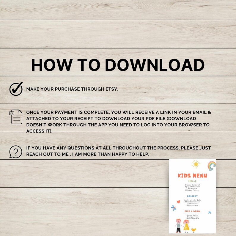 Puede incluir: Una gu&iacute;a sobre c&oacute;mo descargar un producto digital de Etsy. La gu&iacute;a incluye instrucciones para realizar una compra, recibir un enlace de descarga y acceder al archivo. Tambi&eacute;n incluye informaci&oacute;n de contacto para preguntas. La imagen tambi&eacute;n muestra un ejemplo de men&uacute; infantil con un dise&ntilde;o de arco&iacute;ris y sol.