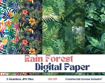 Digitalt papper med tropiskt djungelv: Livfulla sömlösa mönster (digital nedladdning)