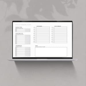 以下が含まれることがあります： 白黒のラップトップ画面に、重要なタスク、その他のタスク、タスクのブレインダンプ、午前、午後、メモのセクションがある、毎日の時間ブロックプランナーが表示されています。