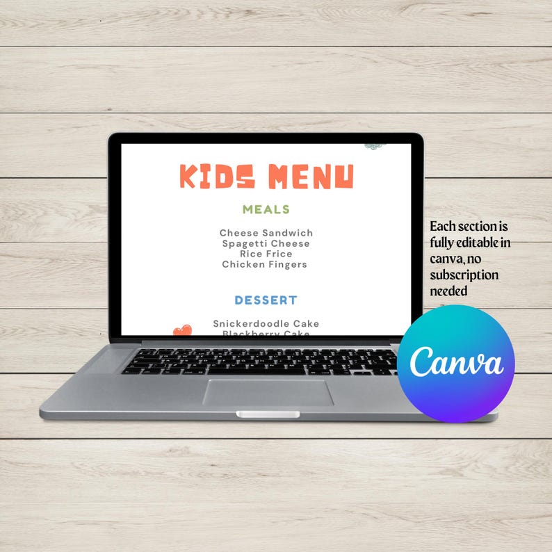 Puede incluir: Una pantalla de computadora port&aacute;til que muestra un men&uacute; para ni&ntilde;os con el texto "KIDS MENU" en rojo y naranja. El men&uacute; enumera comidas como s&aacute;ndwich de queso, espaguetis con queso, arroz frito y dedos de pollo. Tambi&eacute;n enumera postres como pastel de snickerdoodle y pastel de mora. El texto "Cada secci&oacute;n es totalmente editable en canva, sin suscripci&oacute;n necesaria" se muestra en el lado derecho de la pantalla. El logotipo de Canva se muestra en la esquina inferior derecha de la pantalla.