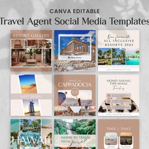 Könnte beinhalten: Neun Social-Media-Vorlagen für Reisebüros. Die Vorlagen zeigen Bilder von Resorts, Reisezielen und Reisetipps. Der Text auf den Vorlagen lautet "Resort Gallery", "Unsere Lieblings-All-Inclusive-Resorts 2023", "Besuchen Sie Dubai", "Reise nach Kappadokien", "Geld sparen Tipps während der Reise", "Wo man im Juni reist", und "Das oder Das".