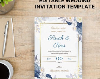 Mall för bröllopsinbjudningar med blå och guldfärgade blommor (redigerbar i Canva, utskrivbar)