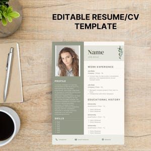 Puede incluir: Una plantilla de currículum vitae editable en verde y blanco con una foto de una mujer, el texto "Plantilla de currículum vitae editable", y el encabezado "Nombre" con el subtítulo "Puesto".