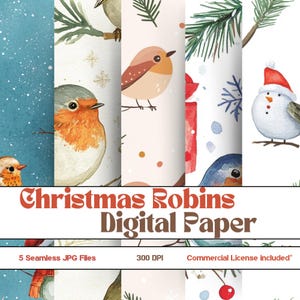 Christmas Robin Digital Paper: Watercolor Winter Bird Patterns (Digital Download)
