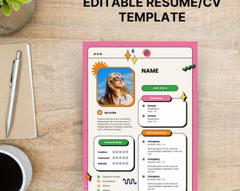 Retro CV Template: Fun Colorful Resume for Creatives (Canva Editable, Printable)