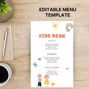 Plantilla de menú divertido para niños / Plantilla Canva personalizable para restaurantes y cafés / Menú imprimible colorido para niños