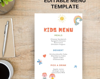 Rolig barnmenymall: Färgglad restaurangdesign (Canva, utskrivbar)