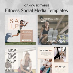Könnte beinhalten: Vier Instagram-Post-Vorlagen für ein Fitnessunternehmen. Der erste Beitrag zeigt eine Frau, die rennt, mit dem Text "VERKAUF" und "PERSONAL TRAINER ANGEBOT". Der zweite Beitrag zeigt eine Frau, die trainiert, mit dem Text "NICHTS FUNKTIONIERT, WENN DU ES NICHT TUST". Der dritte Beitrag zeigt eine Frau, die trainiert, mit dem Text "NEU NEU NEU NEU". Der vierte Beitrag zeigt ein Vorher-Nachher-Bild einer Frau, die trainiert, mit dem Text "VORHER" und "NACHHER".