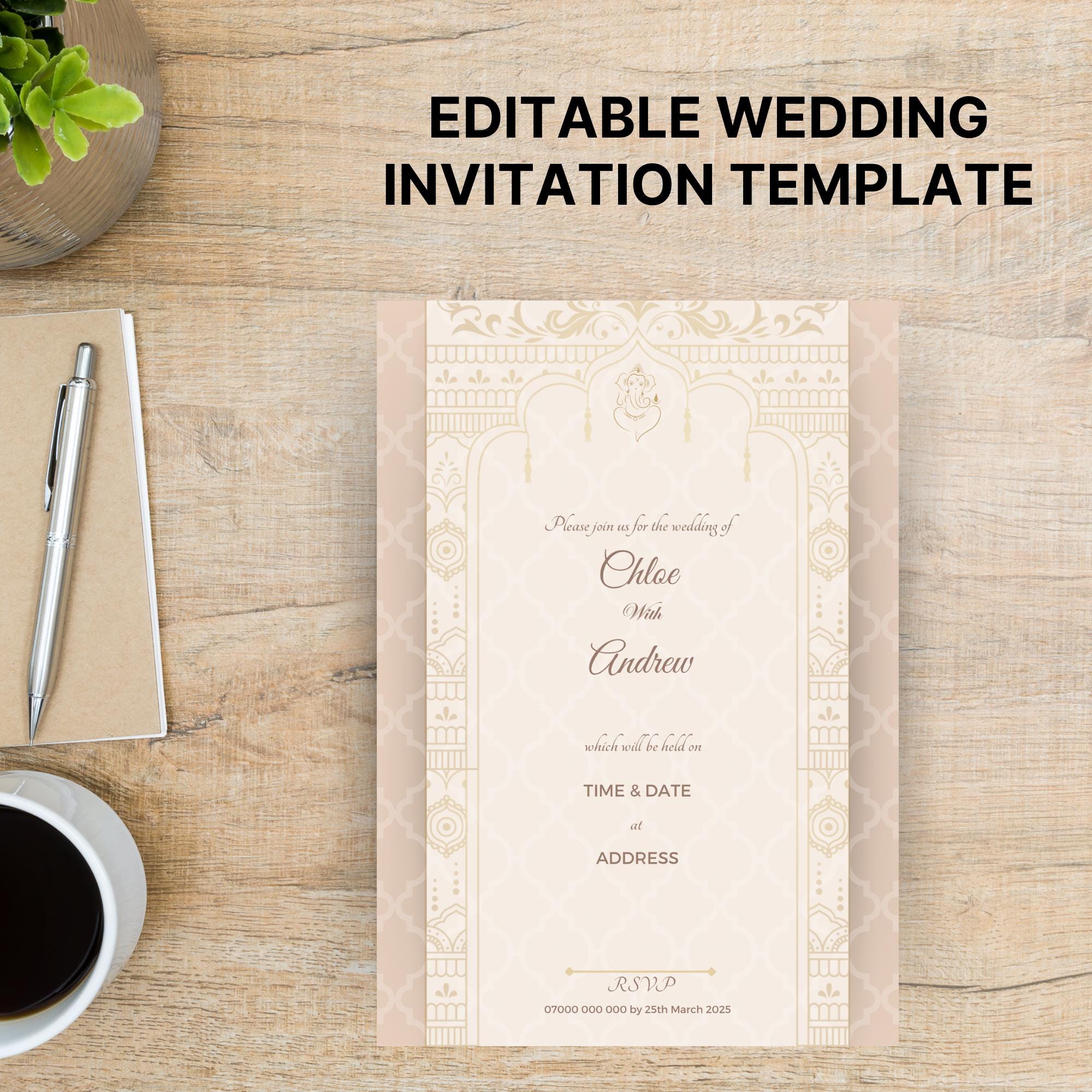 Ganesh Indian Wedding Card: Elegant Beige Invite (Editable Canva Template), image size:2000x2000