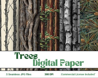 Könnte beinhalten: Fünf nahtlose digitale Papiermuster mit verschiedenen Baumarten. Die Muster umfassen weiße Birken, braune Baumstämme, Redwood-Bäume und Kiefern mit Zapfen. Der Text "Trees Digital Paper" wird oben im Bild angezeigt. Der Text "5 Seamless JPG Files", "300 DPI" und "Commercial License Included" wird unten im Bild angezeigt.