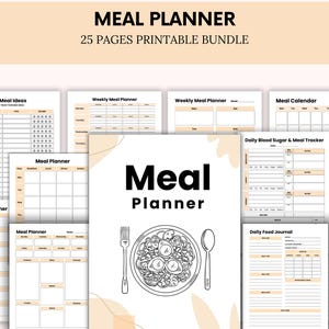 Puede incluir: Un paquete de planificadores de comidas imprimibles con 25 páginas. Las páginas incluyen ideas de comidas, planificadores de comidas semanales, un calendario de comidas, un rastreador diario de azúcar en sangre y comidas, y un diario de alimentos diario. Las páginas están diseñadas con una estética minimalista y presentan una ilustración en blanco y negro de un tazón de comida.