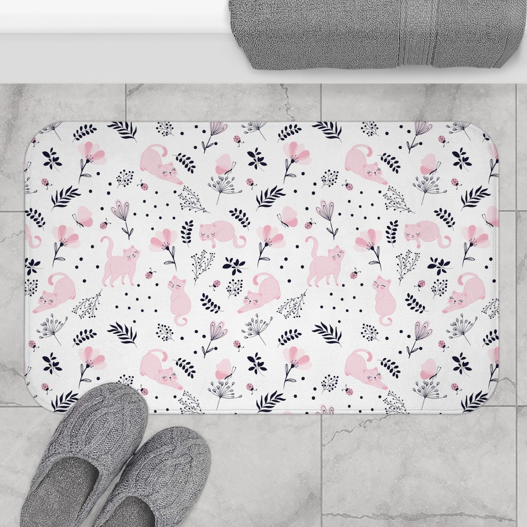 Floral Cat Bath Mat | Cat Mat | Floral Mat | Foliage Mat | Modern Home Decor | Animal Lover Bath ...