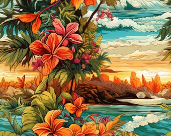 Tropical Paradise Tumbler Wrap, Digital Print, Hibiscus Beach Sunset, Exotic Floral Tumbler Design, Instant Download, Vibrant Colors PNG