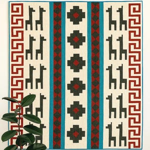 May include: A patterned quilt featuring black llama motifs on a cream backdrop. It has red and teal vertical stripes and a red and black geometric border. The quilt is displayed on a white wall.
