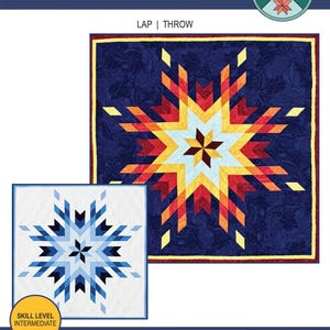 May include: A quilt pattern titled "Fireflake" featuring a starburst design in shades of red, orange, and yellow against a navy blue background. The pattern is labeled "Lap | Throw" and is marked as intermediate skill level.