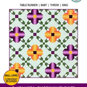 Op de afbeelding: Een quiltpatroon getiteld "Pansy Picnic" met een herhalend bloemenontwerp in tinten paars, oranje en geel op een lichtgroene achtergrond. De tekst bevat "Table Runner, Baby, Throw, King" en "Confident Beginner" vaardigheidsniveau.