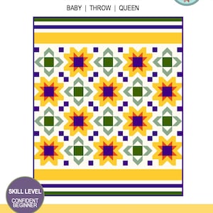 May include: A colorful quilt pattern with the text "SCATTER SUNSHINE" at the top. The design features repeating star-like shapes in yellow, purple, green, and white. The skill level is "CONFIDENT BEGINNER".