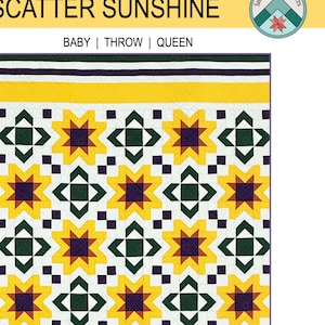 Puede incluir: Un patrón de colcha llamado "Scatter Sunshine" de Lisa Lund para Shadow Valley Quilts. La colcha presenta un patrón repetitivo de estrellas amarillas, verdes, blancas y moradas. La colcha está disponible en tamaños de bebé, manta y reina.