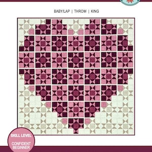 May include: A quilt pattern named "Starry Sweetheart" with a heart design in pink and cream hues. The pattern is suitable for baby/lap, throw, and king sizes. The skill level is confident beginner. Designed by Lisa Lund for Shadow Valley Quilts.