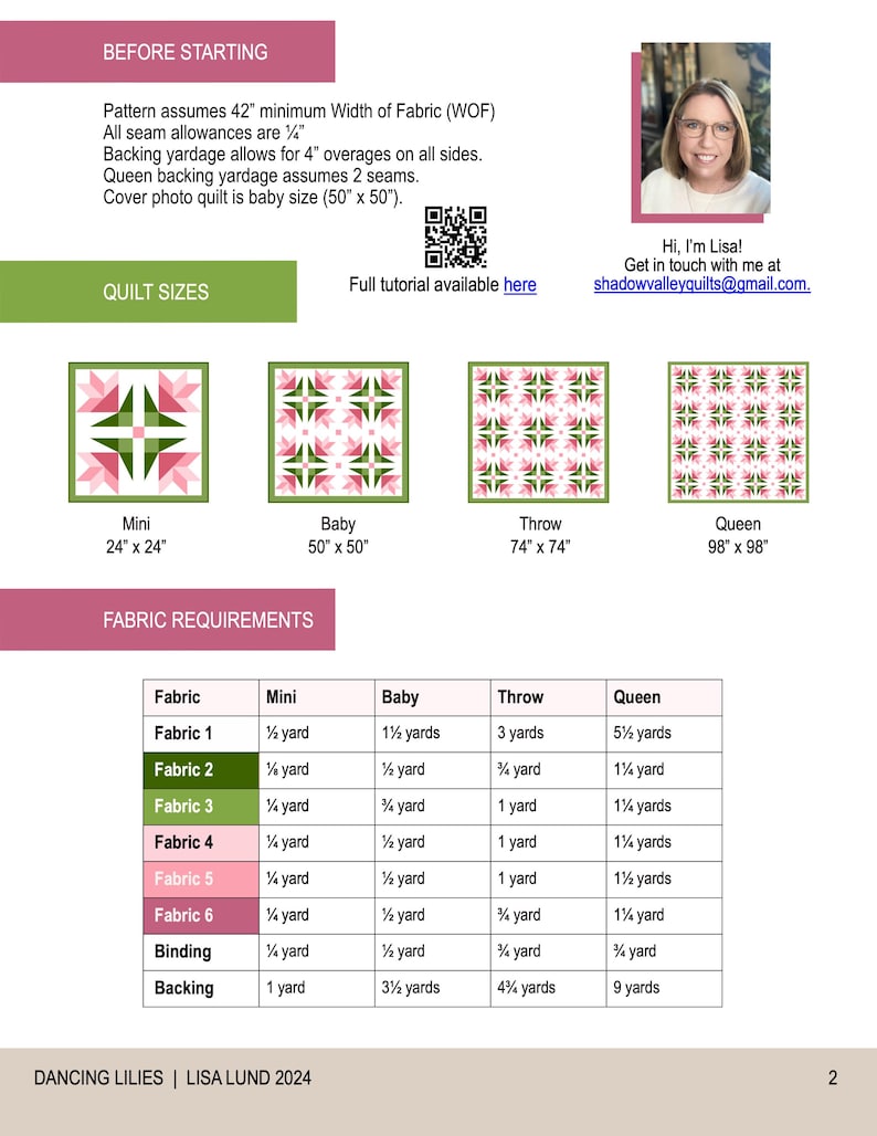 Printed Dancing Lilies Quilt Pattern - Mini, Baby, Throw, and Queen ...