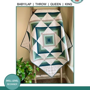 May include: A quilt featuring a geometric pattern in shades of green, teal, and white. The design includes concentric squares and triangles with intricate quilted textures. Text on the image reads PERCUSSION, BABY/LAP, THROW, QUEEN, KING, SKILL LEVEL BEGINNER, and By LISA LUND for SHADOW VALLEY QUILTS.
