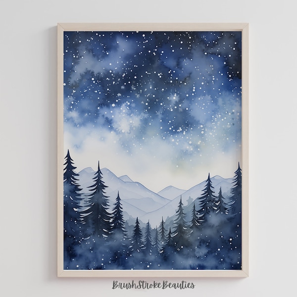 Printable Snowy Mountain Watercolor Landscape, Watercolor Winter Decor, Home Wall Display, Snowy Mountain, Instant Download, Digital Print