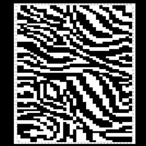May include: A black and white abstract design composed of rectangular blocks. The pattern features a mix of horizontal and diagonal lines, creating a zebra-like effect. The design is set against a solid black background.