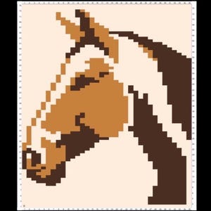 May include: A pixel art pattern of a horse head profile on a light cream background. The design uses a grid with numbered borders, featuring blocks of dark brown and tan colors to form the shape of the horse's head, mane, and facial features.