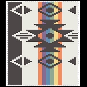 May include: A geometric pattern textile featuring a central design with a rainbow gradient. The design includes black, white, and gray diamond and triangle shapes. The background is a light beige color.