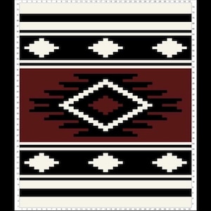 May include: A geometric pattern textile with a central diamond design in white and black on a burgundy background. The design includes black and white bands with diamond shapes. The textile has a black border and a cream-coloured top and bottom.