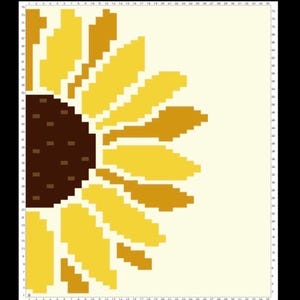 May include: A pixel art pattern of a sunflower half on a cream background. The design features a dark brown centre with small brown rectangles and radiating petals in alternating shades of bright yellow and golden yellow, set on a numbered grid.