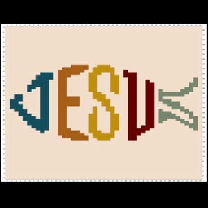 May include: A pixelated fish design with the word "JESUS" in various colors, including teal, brown, yellow, and burgundy. The fish is set against a beige background, creating a simple yet impactful religious graphic.
