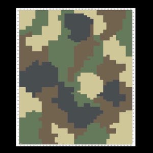May include: A rectangular camouflage pattern in shades of green, brown, tan, and gray. The design is composed of irregular, pixelated shapes, creating a military-inspired aesthetic. The pattern is set against a black background.
