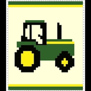 May include: A pixel art style graphic of a green and black tractor with a yellow wheel center and a yellow stripe on the body. The design is set against a cream background with a green and yellow border and a numbered grid along the edges.
