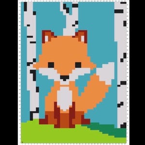 May include: A pixel art pattern featuring an orange fox with a white chest and tail tip, centered between white and black birch tree trunks against a light blue background, set above a green grassy base with a numbered grid border on the sides.