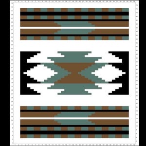 May include: A geometric pattern in brown, teal, and black. The design includes horizontal bands and a central diamond-shaped motif. The pixelated pattern gives a digital or woven look. The background is white.
