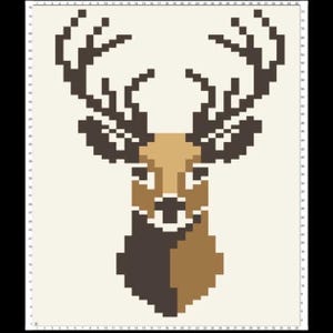 May include: A pixel art pattern of a deer head on a grid background. The design features a symmetrical arrangement of dark brown antlers, a tan face, and a split-colored neck in dark brown and tan, all set against a light cream-colored grid.