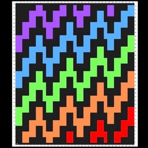 May include: A colorful geometric pattern with a black background. The design features a repeating zigzag pattern in shades of purple, blue, green, orange, and red. The pattern is symmetrical and covers the entire surface.