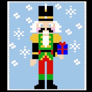 May include: A pixelated image of a Christmas nutcracker soldier. The nutcracker wears a black hat, gold epaulets, a green jacket, red pants, and black boots. He holds a blue gift box with a red ribbon. The background is light blue with white snowflakes.