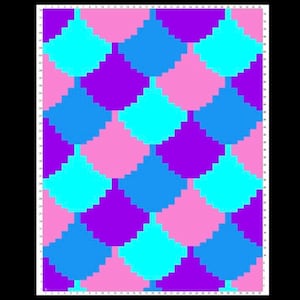 Op de afbeelding: Een digitale illustratie met een herhalend ruitpatroon. Het ontwerp maakt gebruik van een palet van heldere kleuren, waaronder lichtblauw, donkerblauw, paars en roze, waardoor een visueel opvallende en geometrische compositie ontstaat.
