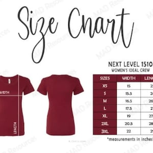 Puede incluir: Tabla de tallas de camisetas burdeos con medidas en pulgadas. La tabla incluye tallas XS a 3XL, con las dimensiones correspondientes de ancho y largo. El texto "Size Chart" est&aacute; en la parte superior, y la marca es "NEXT LEVEL 1510 WOMEN'S IDEAL CREW".