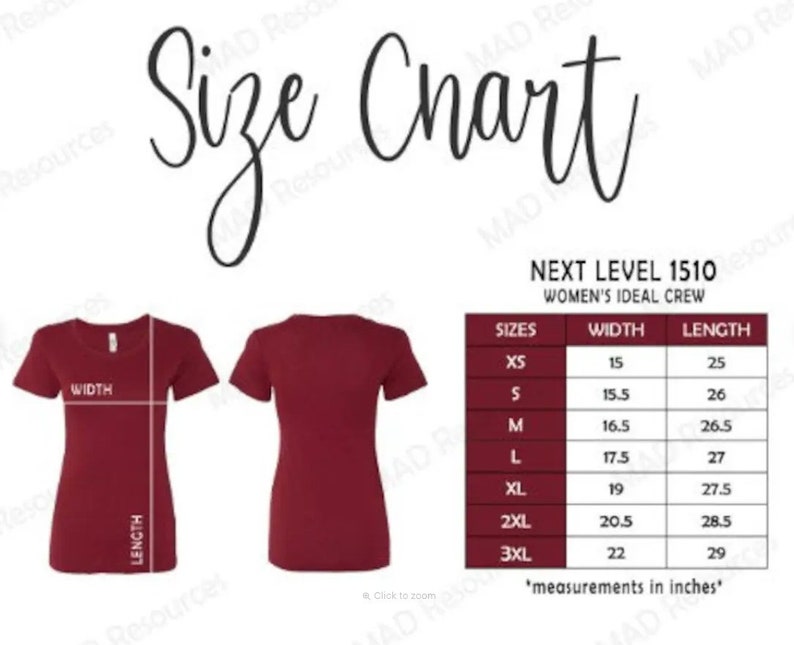 Puede incluir: Tabla de tallas de camisetas burdeos con medidas en pulgadas. La tabla incluye tallas XS a 3XL, con las dimensiones correspondientes de ancho y largo. El texto "Size Chart" est&aacute; en la parte superior, y la marca es "NEXT LEVEL 1510 WOMEN'S IDEAL CREW".