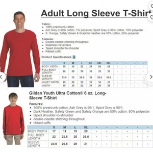 Puede incluir: Camisetas rojas de manga larga para adultos y j&oacute;venes. La imagen incluye especificaciones del producto, detalles de la tela y caracter&iacute;sticas como costuras de doble aguja y pu&ntilde;os acanalados. Tallas de adulto de S a 3XL, tallas juveniles de S a XL.