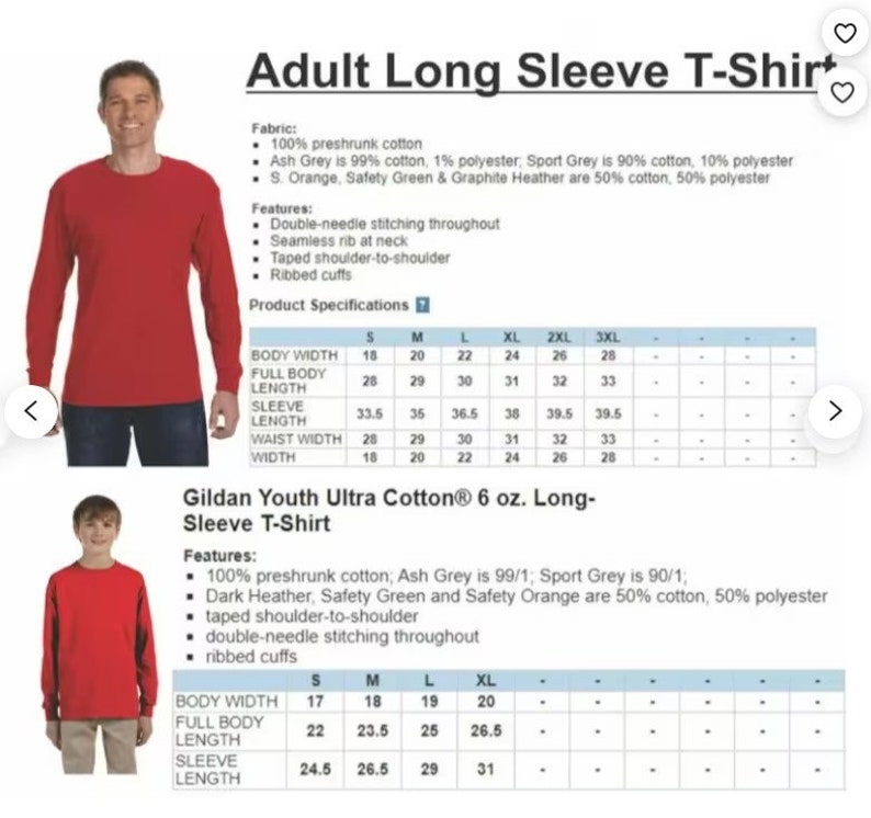 Puede incluir: Camisetas rojas de manga larga para adultos y j&oacute;venes. La imagen incluye especificaciones del producto, detalles de la tela y caracter&iacute;sticas como costuras de doble aguja y pu&ntilde;os acanalados. Tallas de adulto de S a 3XL, tallas juveniles de S a XL.